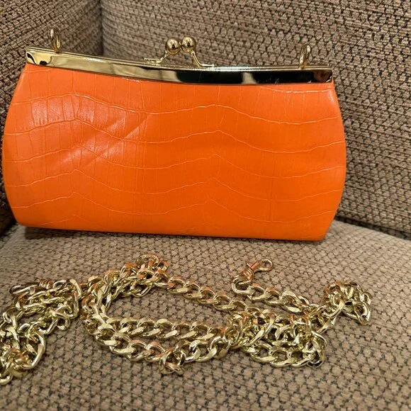 Orange Croc-Embossed Clutch with Gold Chain | Kiss Lock | Evening Bag - Picture 2 of 4